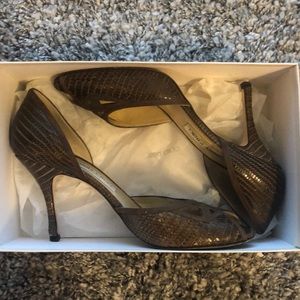Jimmy Choo olive /brown - snakeskin peep toe heels